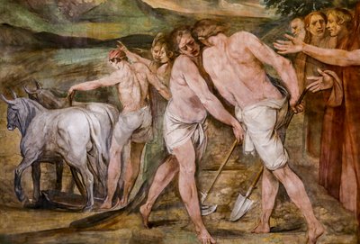 Romulus felszántja a határvonalat a leendő Róma városa körül (részlet) alkotó: Giuseppe Cesari