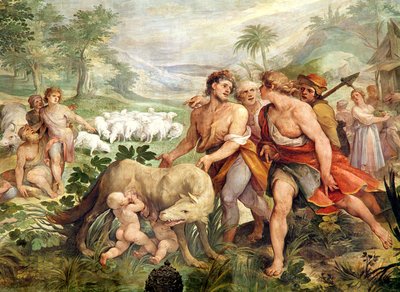 A nőstényfarkas által szoptatott Romulus a Sala dei Horatii e Curacii-ból (freskó) alkotó: Giuseppe Cesari