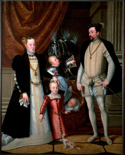 II. Maximilianus császár (1527-1576) családjával: Spanyol Mária (1528-1603) és gyermekeik Anne (1549-1580), Rodolph (1552-1612) és Ernest (1553-1591) Giuseppe Arcimboldi festménye (vagy Arcimboldo) (1527-1593) 1553 V. 188x240 cm Ambras kastély, In alkotó: Giuseppe Arcimboldo