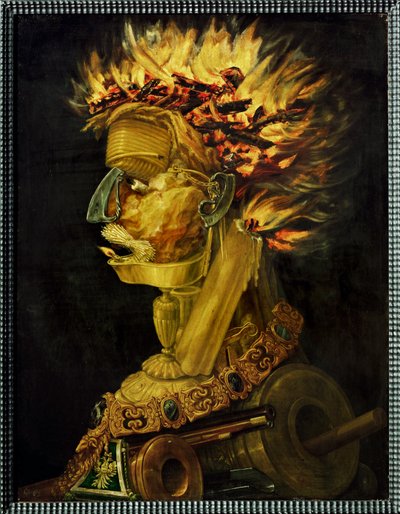 Tűz, allegória (festmény fára) alkotó: Giuseppe Arcimboldo