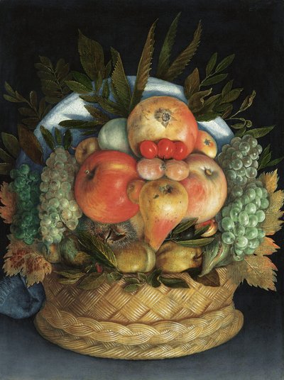 Gyümölcsből összeállított férfi megfordítható antropomorf portréja alkotó: Giuseppe Arcimboldo