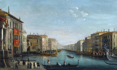 Kilátás a Canal Grandére a Palazzo Balbiból, a Rialto-híd felé néz, Giuseppe Bernardino (1762-1844) bölény regattjával. Olaj, vászon, méret: 48,9x81,9, alkotó: Giuseppe Bernardino Bison
