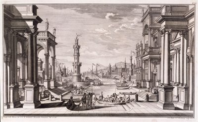 Kis kikötő barokk stílusú oszlopokkal, az „Architectus Theatralis Primarius”-ból, 1740-ben alkotó: Giuseppe Bibiena