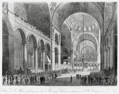 Veneto tartományok hűséget esküdnek II. Ferenc (1768-1835) osztrák császárnak a velencei Szent Márk-bazilikában, május 7-én alkotó: Giuseppe Borsato