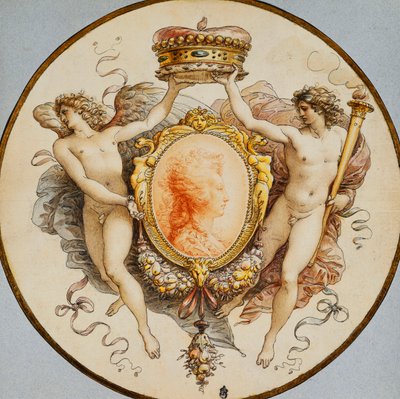 Ovális profilú női portré groteszkek és szajré díszítő szegéllyel, mellette a hírnév és a győzelem allegorikus alakjai koronettával, alkotó: Giuseppe Cades