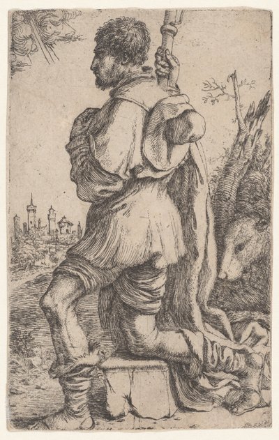 Szent Rókus kövön térdelve, oldalról nézve kutyájával a háta mögött..., 1620-30. alkotó: Giuseppe Caletti