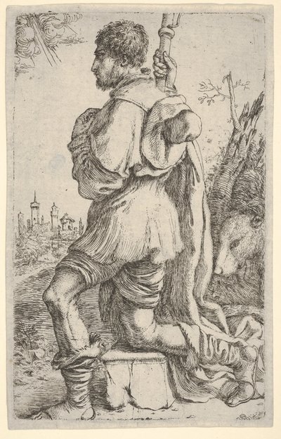 Szent Rókus kövön térdelve, oldalról nézve kutyájával a háta mögött és egy várossal..., 1620-30. alkotó: Giuseppe Caletti