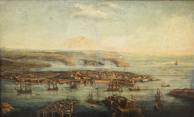 Kilátás a Grand Harbourra, Marsamxettre és Vallettára alkotó: Giuseppe Caloriti