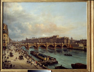 La cite et le Pont Neuf a Quai du Louvre felől nézve Az előtérben egy csónakmosó (boat-wash) és a Szajna partjának nagy tevékenysége. Canella Giuseppe Canella l