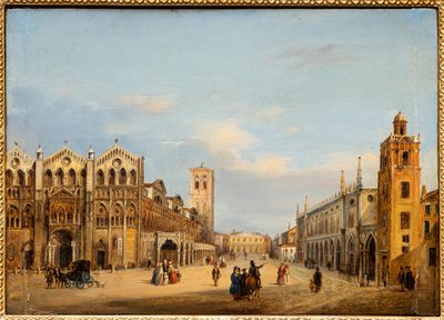 Trento és Trieste tér Ferrarában (olaj, panel) alkotó: Giuseppe Chittò Barucchi