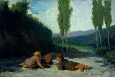 Gyermekek játszanak a folyóparton (olaj, vászon) alkotó: Giuseppe Ciaranfi