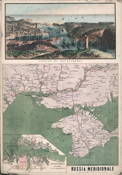 Dél-Oroszország térképe, kilátással a Szevasztopoli-öbölre és erődítményeire, 1853. alkotó: Giuseppe Civelli