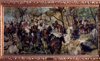 A piac San Godenzo-ban, Toszkánában (olaj, vászon alkotó: Giuseppe Fattori