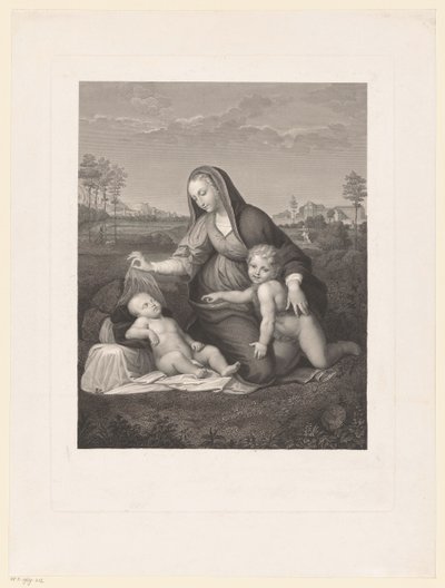Mária és gyermeke és az ifjú Keresztelő János egy tájban Madonna del Velo alkotó: Giuseppe Longhi
