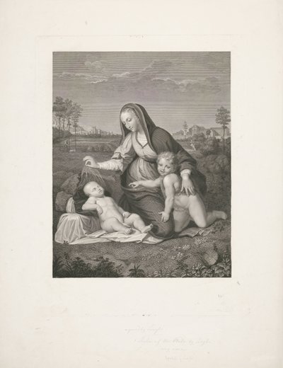 Mária gyermekével és az ifjú Keresztelő János egy tájban Madonna del Velo alkotó: Giuseppe Longhi