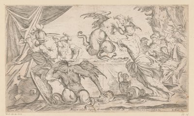 Aeneas és társai harcolnak a hárpiákkal Arpijae celebri lapsu de montibus adsunt (cím a tárgyon) Aeneas vándorlásai (sorozat címe) L