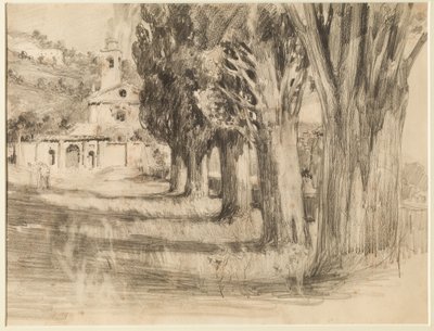 Táj templommal (ceruza papíron) alkotó: Giuseppe Mentessi