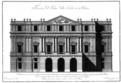 Giuseppe Piermarini (1734-1808) rajza a milánói Teatro alla Scala (Theatre de la Scala) homlokzatának külső építészetéről. alkotó: Giuseppe Piermarini