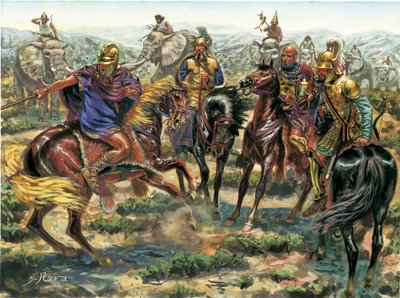 Ókori Róma: Amsicora (Hampsicora vagy ampsicora) lázadása (Kr. e. 3. század) Latifundista karthágóiak a római hatalom ellen Kr. e. 215-ben - Ókori Róma: Amsicora lázadása Róma ellen i. e. 215-ben - Giuseppe Rava illusztrációja. alkotó: Giuseppe Rava