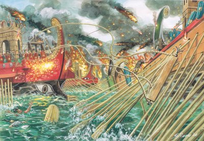 Az ókori Róma: az actiumi csata Octavianus csapatai, valamint Marcus Antonius és Kleopátra VII. egyesített erői között Kr. e. 31. szeptember 2-án - Giuseppe Rava illusztrációja. alkotó: Giuseppe Rava