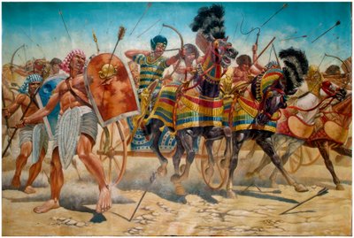 Egyiptomi antikvitás: II. Ramszesz fáraó (Kr. e. 1304-1213) ábrázolása tankokat irányító seregével a kádesi csata során Kr. e. 1274-ben - II. Ramszesz fáraó (Kr. e. 1303 ð Kr. e. 1213) és serege a kádesi csata során Kr. e. 1274-ben az ókori Egyiptomban - I alkotó: Giuseppe Rava