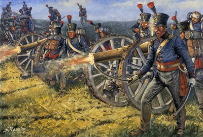 Első birodalom: 1815. június 18. - Első birodalom: a belga és holland tüzérség katonái ágyúval lövöldöznek a waterlooi csatában 1815. június 18-án - Illusztráció: Giuseppe R. alkotó: Giuseppe Rava