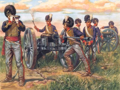Első birodalom: Az első birodalom: angol tüzérségi katonák ágyút töltenek az 1815-ös waterlooi csatában - Első birodalom: a brit hadsereg katonái ágyút töltenek az 1815-ös waterlooi csatában - Illusztráció: Giuseppe Rava alkotó: Giuseppe Rava