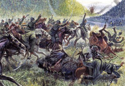 Első világháború: "Savoia" Az olasz lovasság támadása Stupizza támadásakor, Caporetto közelében alkotó: Giuseppe Rava