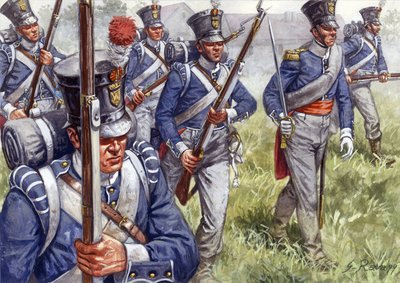 Első birodalom: belga vagy holland gyalogság 1815 körül - Első birodalom: belga vagy holland gyalogság - Illusztráció: Giuseppe Rava alkotó: Giuseppe Rava