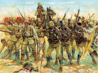 Mahdista háború (szudáni háború) (1881-1899): jelen lévő erők az omdurmani csatában (jobbra a szudáni dervisek, balra az angol-egyiptomi hadsereg) 1898. szeptember 2-án - mahdista háború (vagy mahdista felkelés): Omdurmani csata (1898. szeptember 2.) a szu alkotó: Giuseppe Rava