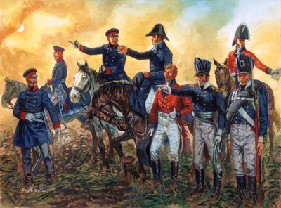 Napóleoni háború: Arthur Wellesley, Wellington hercege (1769-1852) a brit csapatok parancsnoka és Gebhard Leberecht von Blucher (1742-1819) a porosz hadsereg parancsnoka a waterlooi csatában 18/06/1815 - (Napóleoni háborúk: parancsnokok Wellington hercege  alkotó: Giuseppe Rava