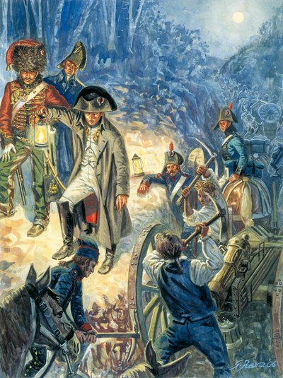 Poroszország és Lengyelország kampánya: I. Napóleon császár (1769-1821) a jénai-uerstedti csata előestéjén 1805. október 14. - I. Napóleon császár a jénai-uerstedti csata előtti éjszaka a porosz hadsereg ellen 1805. október 14-én - Illusztráció. alkotó: Giuseppe Rava