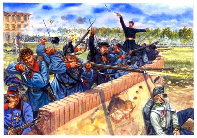 Risorgimento, Első olasz függetlenségi háború, olasz diákok a Curtatone és Montanara csatában, 1848. május 29-én - Első olasz függetlenségi háború, olasz diákok a Curtatone és Montanara csatában, 1848. május 29-én - Illusztráció b alkotó: Giuseppe Rava