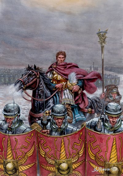 Római antikvitás: Római hadsereg a skóciai Hadrianus fal közelében, Kr. u. 2. század - Illusztráció: Giuseppe Rava alkotó: Giuseppe Rava