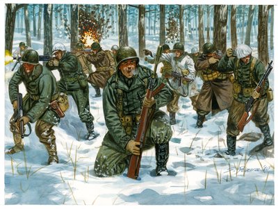 Második világháború: Amerikai gyalogsági offenzíva az ardenneki csatában Bastogne-ban, 1944 decemberében - Második világháború: amerikai offenzíva az ardenneki csatában, 1944 decemberében - Illusztráció: Giuseppe Rava alkotó: Giuseppe Rava