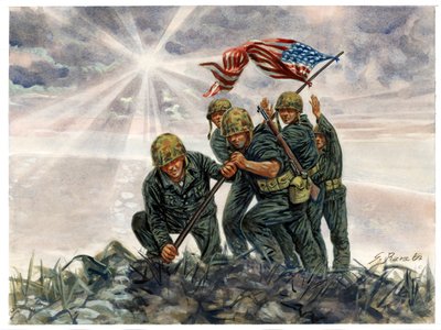 Második világháború, csendes-óceáni háború: Iwo Jima-i csata, az amerikai tengerészgyalogság győzelme 1945 februárjában - II. világháború, csendes-óceáni háború: Iwo Jima-i csata (Különítmény hadművelet), az amerikai tengerészgyalogosok felvonják az amerik alkotó: Giuseppe Rava