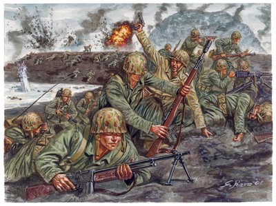 Második világháború, csendes-óceáni háború: A tengerészgyalogság kétéltű alakulatának partraszállása 1945. 02. 19-én a japán Iwo Jima-i csata során - II. világháború, csendes-óceáni háború: Iwo Dzsima-i csata (Elkülönítési hadművelet), az amerikai tengerés alkotó: Giuseppe Rava