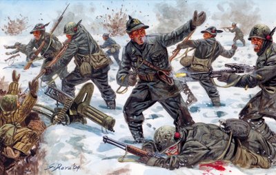 Második világháború, orosz front: Világháború, orosz front: olasz alpesi vadászok Oroszországban, 1943 januárjában - Illustration by Giuseppe Rava alkotó: Giuseppe Rava