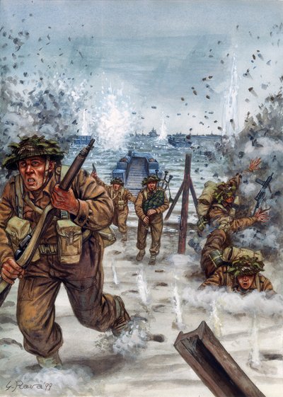 Második világháború: Skót katonák a normandiai partraszállás során 1944. június 6. - II. világháború, D-nap: Skót katonák a normandiai partraszállás napján, 1944. június 6. - Giuseppe Rava illusztrációja. alkotó: Giuseppe Rava