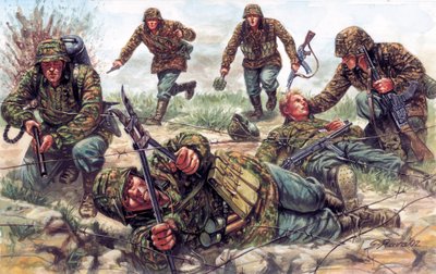 Második világháború: a Sturmtruppen katonái, a német birodalmi hadsereg elit egysége, egyikük szögesdrótot vág. alkotó: Giuseppe Rava