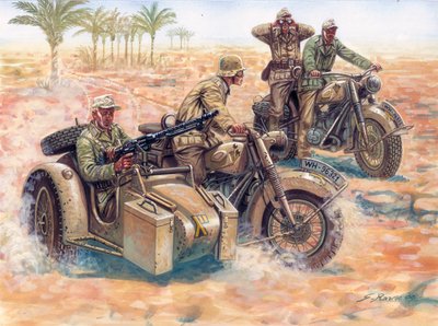 Második világháború: a Deutsches Afrikakorps (DAK Afrika Korps)) a líbiai sivatagban gurul oldalkocsis BMW-vel alkotó: Giuseppe Rava