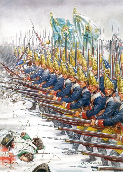 Hétéves háború: A porosz hadsereg gránátosai a leutheni csatában, 1757. december 5. - A potsdami gárda felvonulása Leuthennél, 1757. december 5-én a hétéves háború idején - Giuseppe Rava illusztrációja. alkotó: Giuseppe Rava