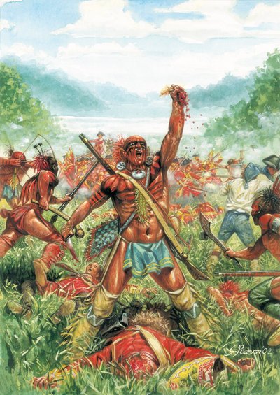 Hétéves háború: A monongahelai csata, amely 1755 nyarán véget vetett a Braddock-expedíciónak, amely a francia Fort Duquesne elfoglalására indult - A Braddock-expedíció vagy a sikertelen brit katonai expedíció, amely megpróbálta elfoglalni a francia Fort Du alkotó: Giuseppe Rava