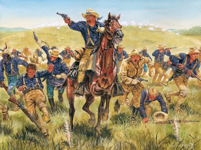 Spanyol-amerikai háború vagy kubai függetlenségi háború (1868-1898) Spanyolország és Észak-Amerika között: Theodore Roosevelt (1858-1919) amerikai katona és politikus portréja, amint a Rough riderekkel támad Kubában - spanyol-amerikai háború (kubai függetl alkotó: Giuseppe Rava