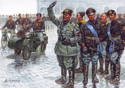 A Duce Benito Mussolini (1883-1945), a feketeingesek (Camicie nere) kíséretében, fasiszta üdvözletet mond egy katonai felvonuláson - Benito Mussolini és a feketeingesek egy katonai felvonuláson - Giuseppe Rava illusztrációja. alkotó: Giuseppe Rava