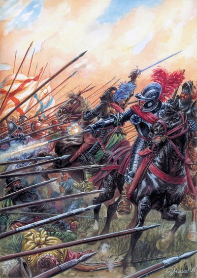 Vallásháborúk: Az 1590. március 14-i ivry-i csata a királyi sereg győzelmét hozta a Katolikus Liga ellen - Az 1590. március 14-i ivry-i csata a francia vallásháborúk idején - Giuseppe Rava illusztrációja. alkotó: Giuseppe Rava