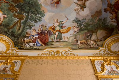Diana mítoszának ábrázolásai, Domenico és Giuseppe Valeriani, freskó, hálószoba boltíves mennyezete, Király lakása, Vadászrezidencia, Filippo Juvarra (1678-1736), Stupinigi, Piemont, Olaszország alkotó: Giuseppe and Valeriani Domenico Valeriani