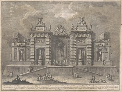 A Seconda Macchina az 1774-es chinea számára: Villa ókori műemlékekkel és „Giostra” játékkal alkotó: Giuseppe Vasi, after Giuseppe Palazzi, after Paolo Posi