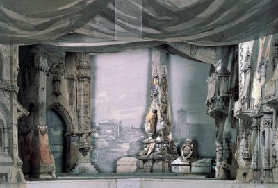 Valladolid-székesegyház előtti tér, III. felvonás, IV. jelenet, Charles Campon díszlete Giuseppe Verdi (1813-1901) Don Carloshoz, előadás Párizsban, Salle Le Peletier operaház, március 11. alkotó: Giuseppe Verdi