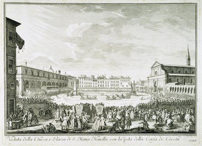 A Corsa dei Cocchi ünnepe a Piazza Santa Maria Novellán. A Corsa dei Cocchi ünnepe a firenzei Santa Maria Novella-templom előtti téren. Giuseppe Zocchi (1711-1767) rajza. Firenze, Biblioteca Riccardiana. alkotó: Giuseppe Zocchi